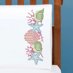 Herrschners Shell Collection Pillowcase Pair Stamped Cross-Stitch