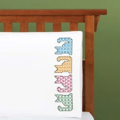 Herrschners Patchwork Kittens Pillowcase Pair Stamped Cross-Stitch