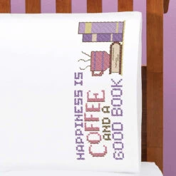 Herrschners Books & Coffee Pillowcase Pair Stamped Cross-Stitch