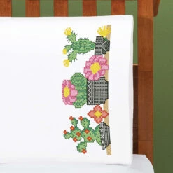 Herrschners Succulent & Floral Pillowcase Pair Stamped Cross-Stitch