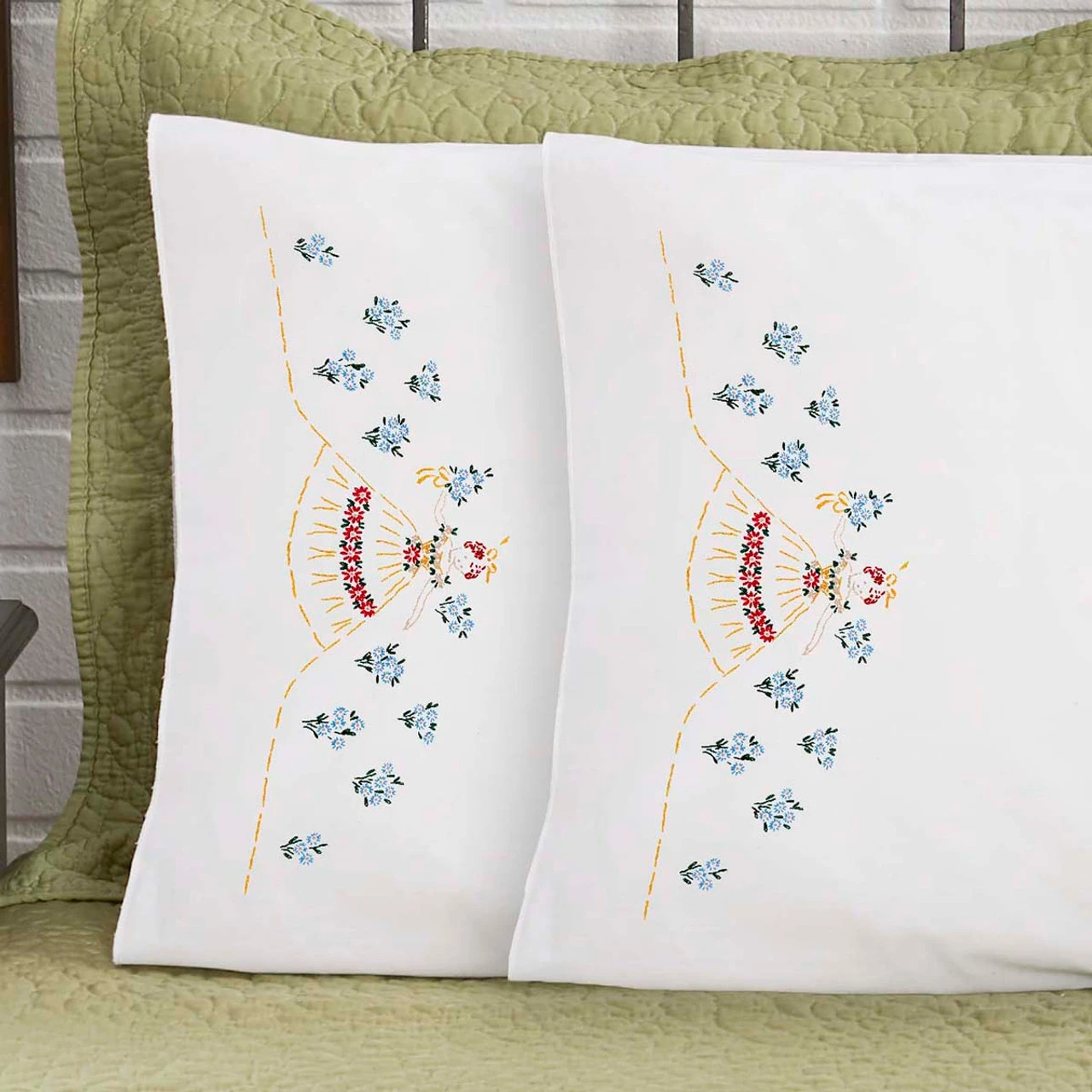 Herrschners Bernice Pillowcase Pair Stamped Embroidery 3 Herrschners Bernice Pillowcase Pair Stamped Embroidery