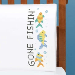Herrschners Gone Fishin Pillowcase Pair Stamped Cross-Stitch