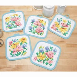 Herrschners Cottage Blooms Pot Holders Stamped Cross-Stitch