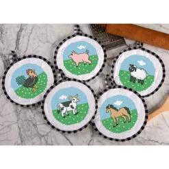 Herrschners Down At The Farm Pot Holders Stamped Cross-Stitch