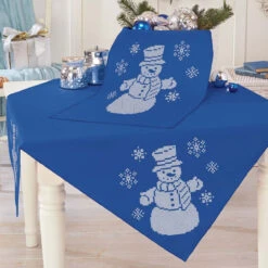 Herrschners Blue Snowman Table Topper & Runner Stamped Cross-Stitch Kit