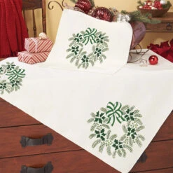 Herrschners Wintergreen Wreath Table Topper & Runner Stamped Embroidery