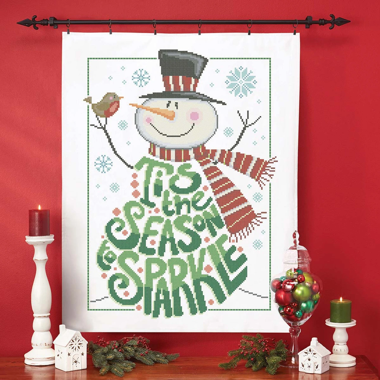 Herrschners Tis The Season To Sparkle Lap Quilt Top, Finishing Kit, & Hanger Set Stamped Cross-Stitch 3 Herrschners Tis The Season To Sparkle Lap Quilt Top, Finishing Kit, & Hanger Set Stamped Cross-Stitch