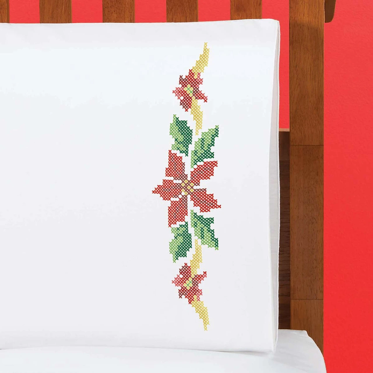 Herrschners Poinsettia Bough Pillowcase Pair Stamped Cross-Stitch 3 Herrschners Poinsettia Bough Pillowcase Pair Stamped Cross-Stitch