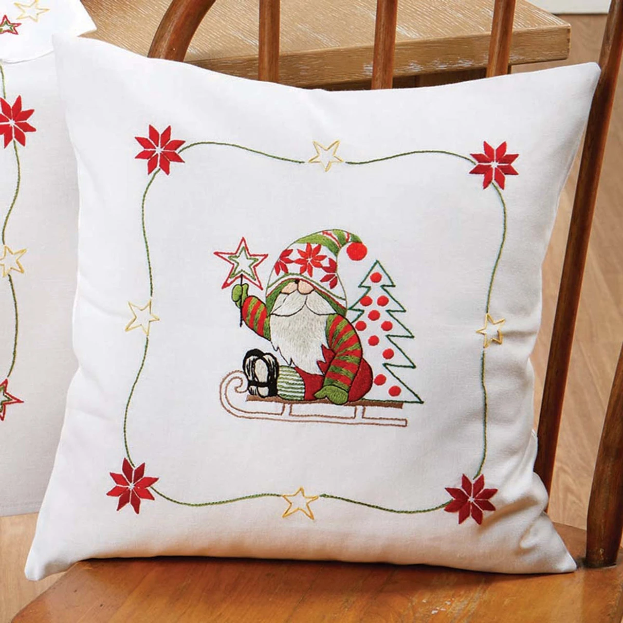 Herrschners Gnome Santa On Sled Pillow Cover Stamped Embroidery Kit 3 Herrschners Gnome Santa On Sled Pillow Cover Stamped Embroidery Kit