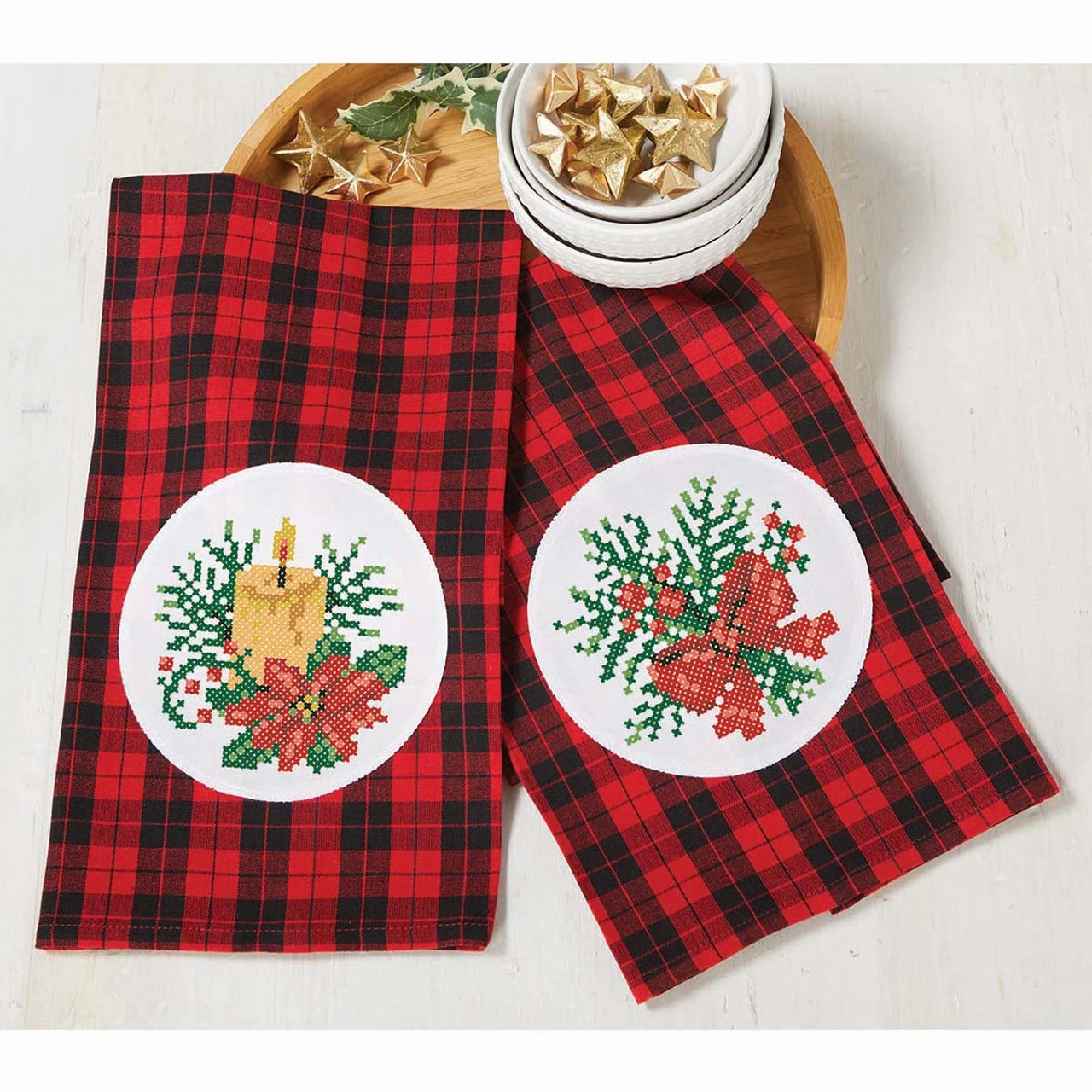 Herrschners Christmas Greenery Towel Pair Stamped Cross-Stitch 3 Herrschners Christmas Greenery Towel Pair Stamped Cross-Stitch