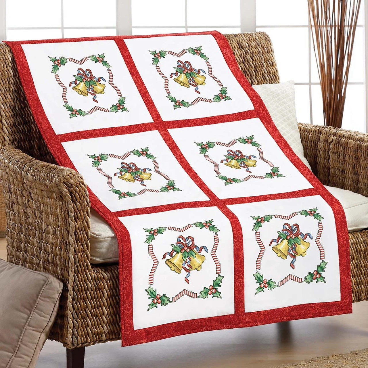 Herrschners Christmas Bells Quilt Blocks Stamped Cross-Stitch 3 Herrschners Christmas Bells Quilt Blocks Stamped Cross-Stitch