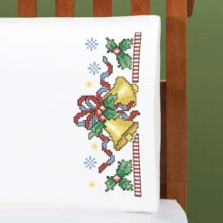 Herrschners Christmas Bells Pillowcase Pair Stamped Cross-Stitch